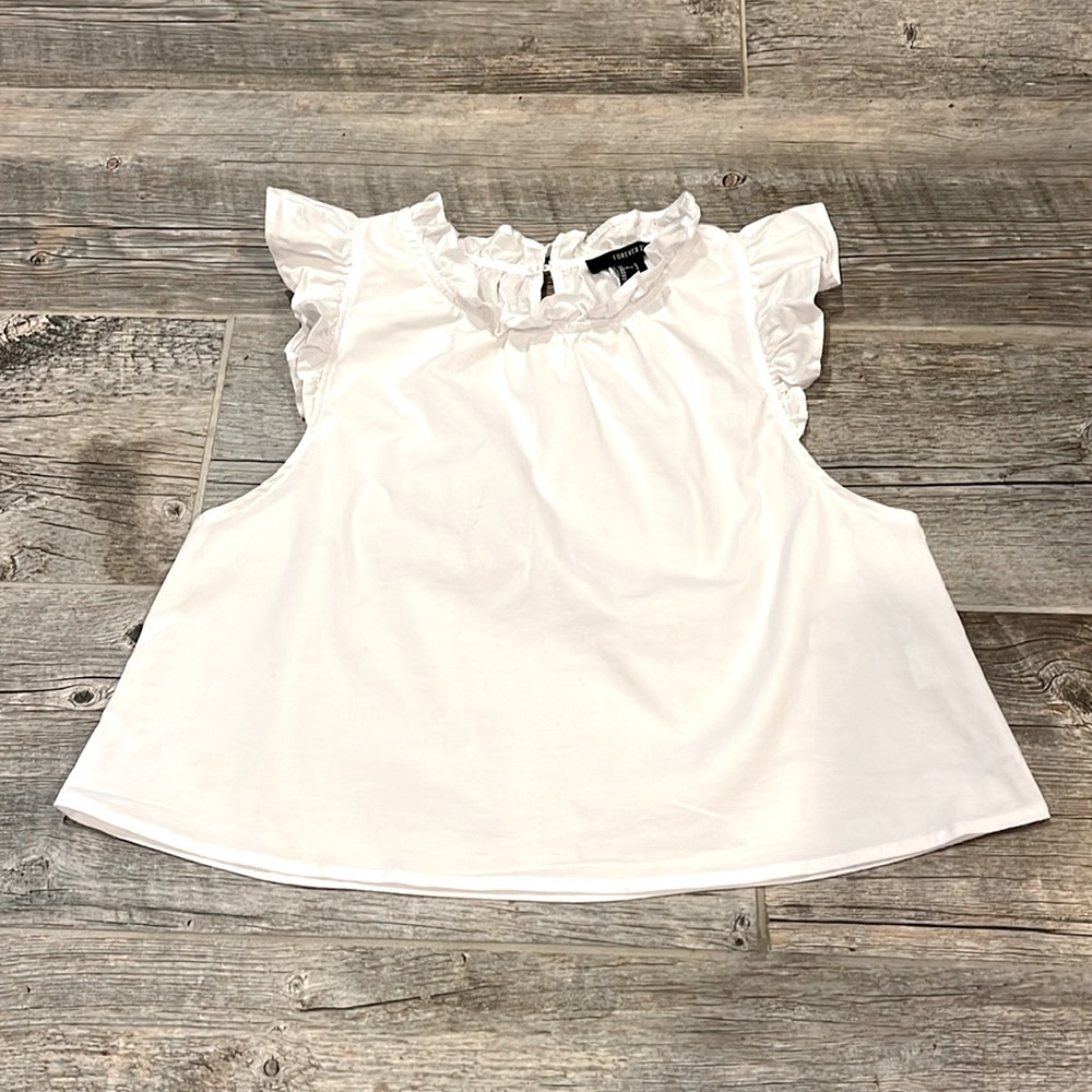 Forever 21 White Cotton Ruffle Neck Sleeve Detail  Swing Blouse Top